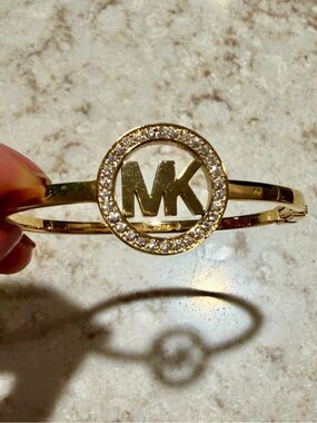 Michael Kors Gold-Tone MK Crystal Circle Bangle Bracelet